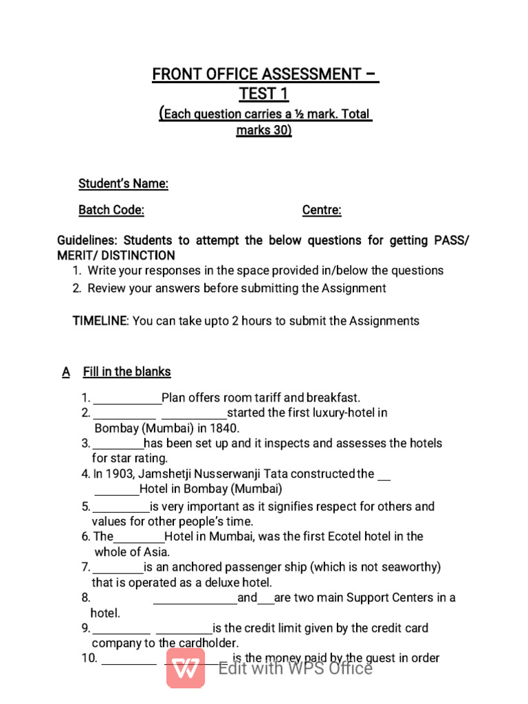 Front Office Assessment Test (3) | PDF | Hotel