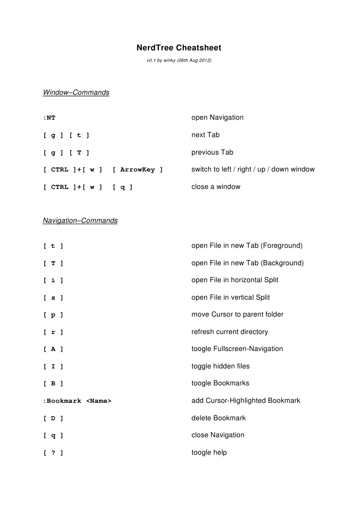 NerdTree Command Shortcuts Guide | PDF
