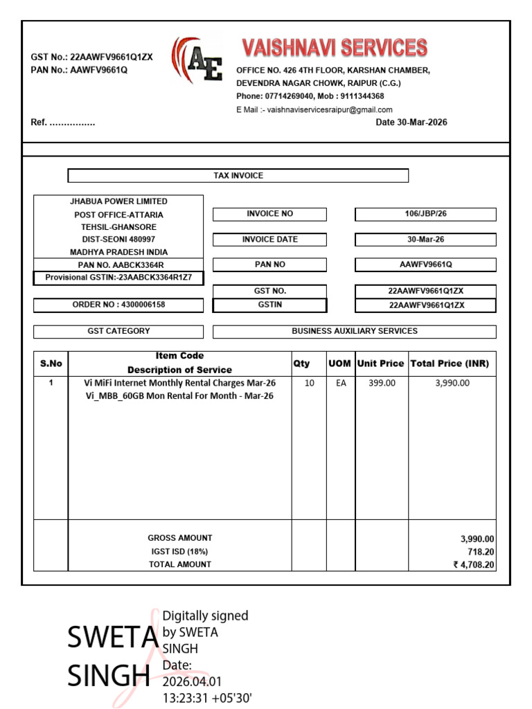 Jhabua Mobile Internet Invoice - Mar'26 | PDF