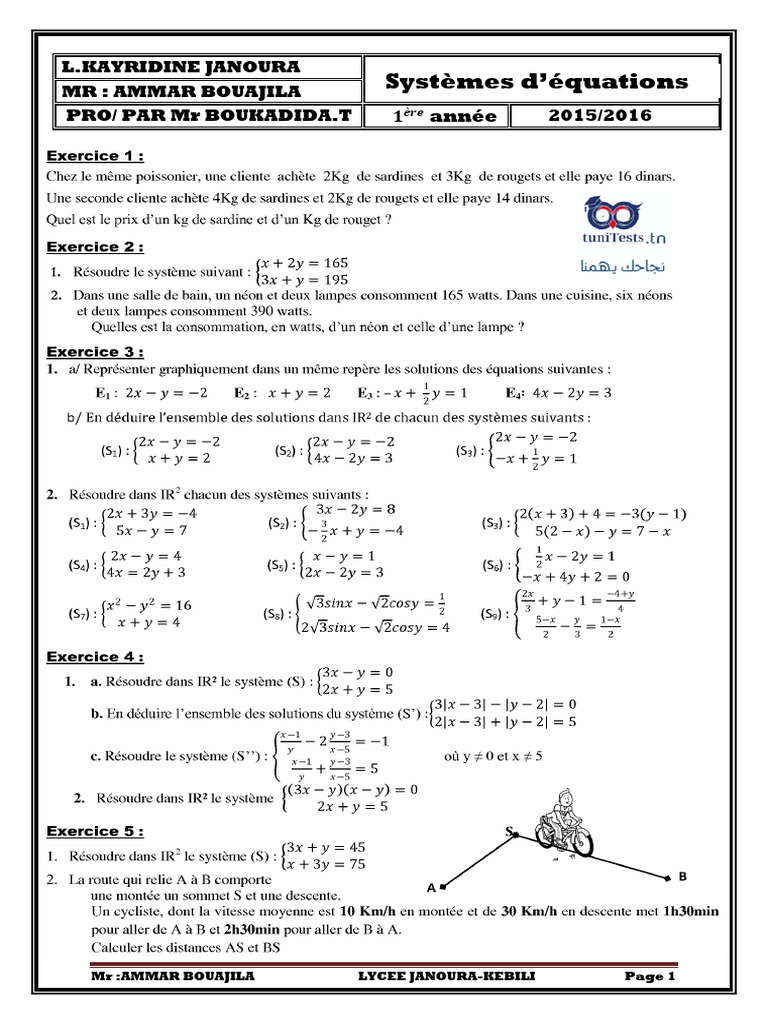 Serie D Exercices - 1ere Annee Secondaire-Maths-Systemes Equations 1 | PDF