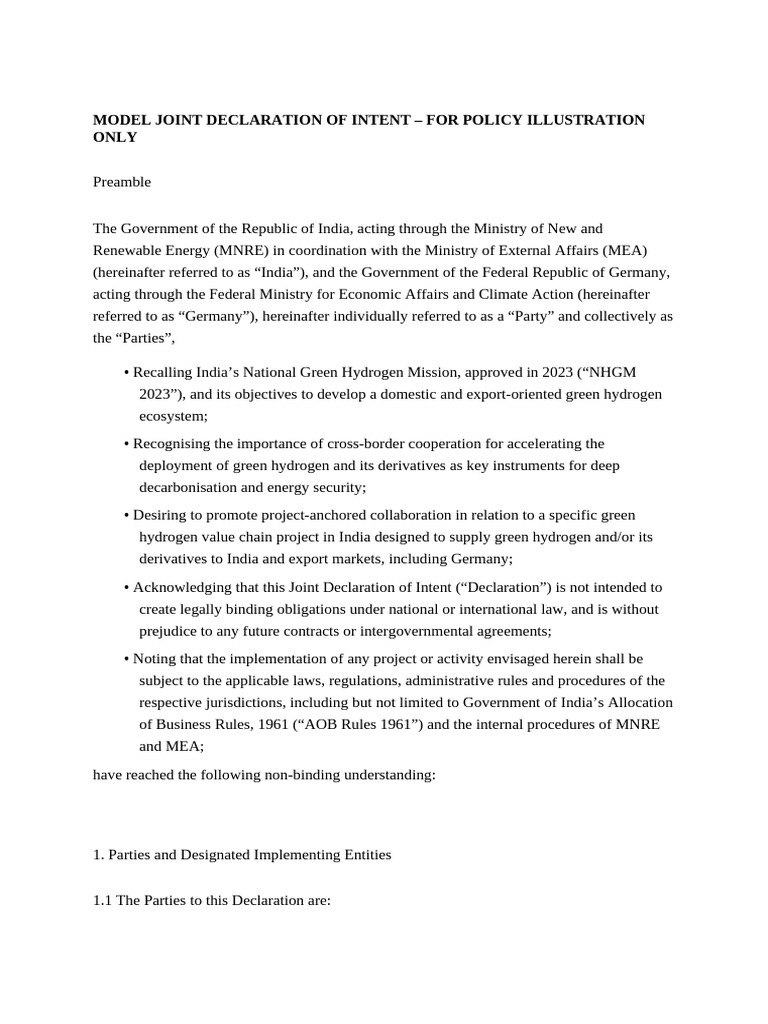 Model Joint Declaration of Intent – for Policy Illustration Only | PDF ...