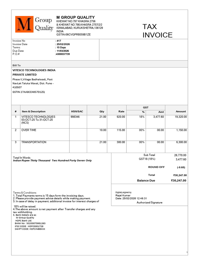 417 Vitesco Oct-25 Invoice Ncs Manesar | PDF | Invoice | Taxation