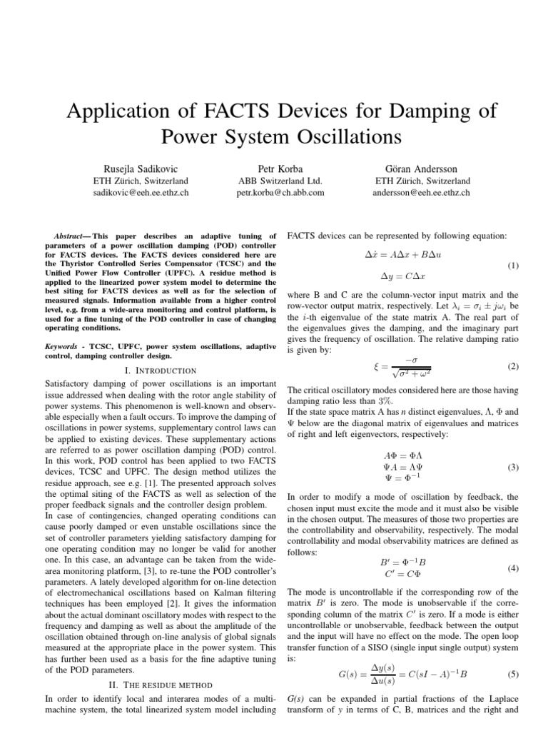Application of FACTS Devices For Damping of Power System Oscillations | PDF
