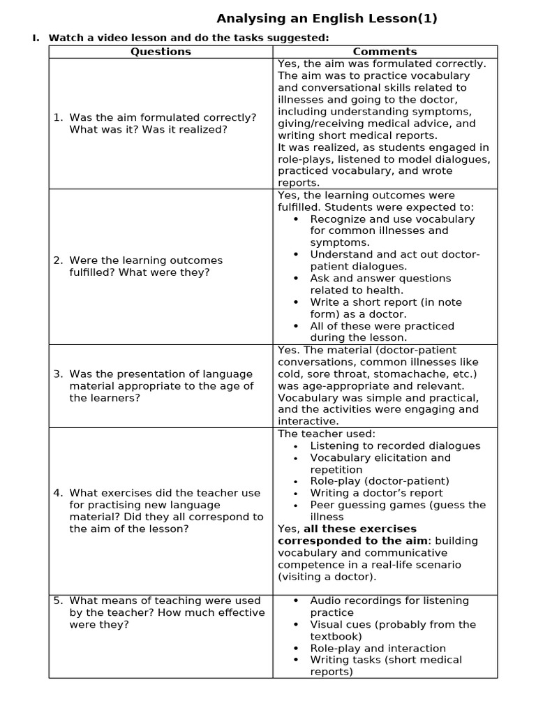 Analysing an English Lesson 1 | PDF