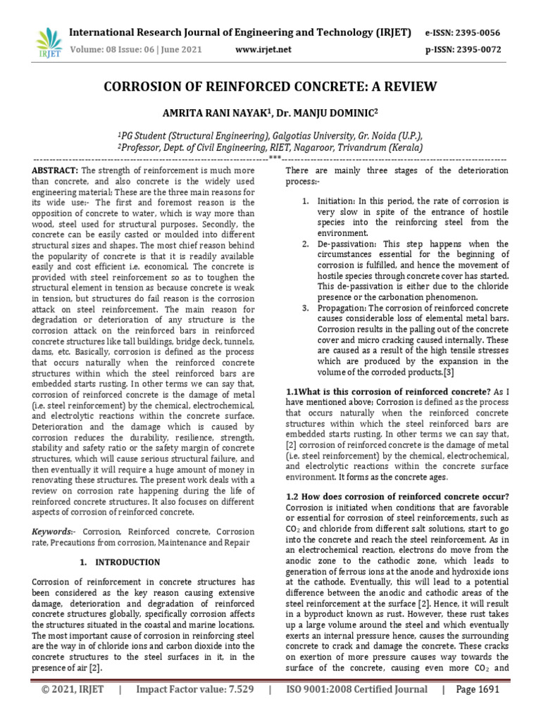 Amrita Rani Nayak Corrosion of Reinforced Concrete | PDF | Corrosion | Rust