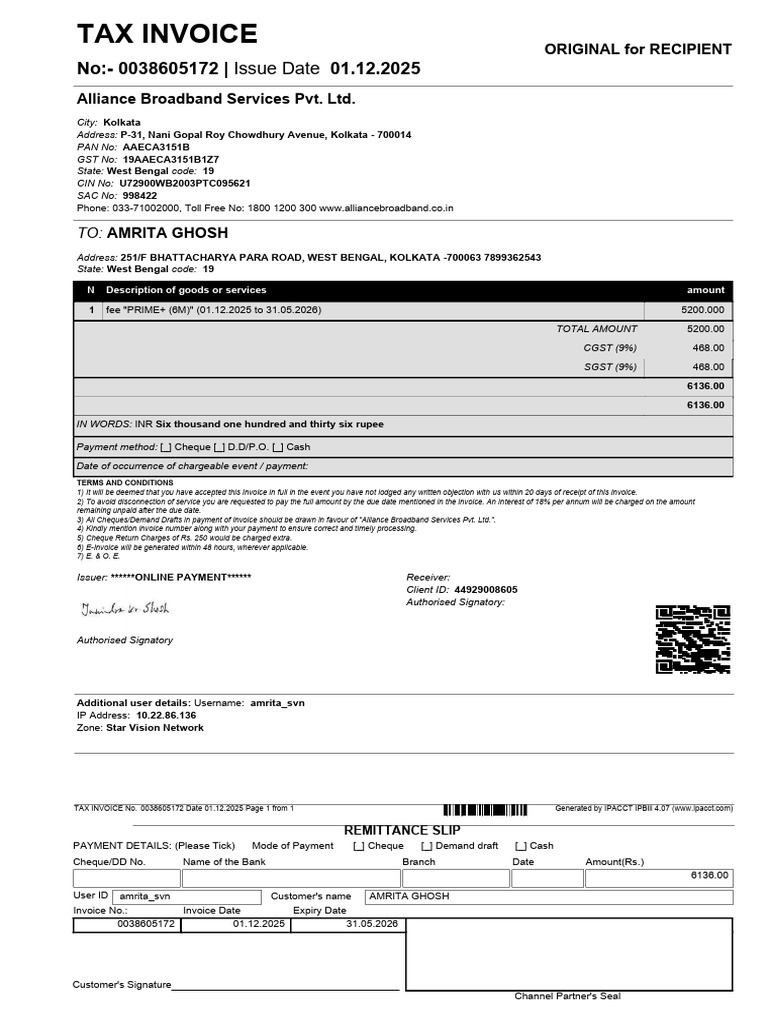 Broadband Invoice Dec - 25 | PDF | Cheque | Payments