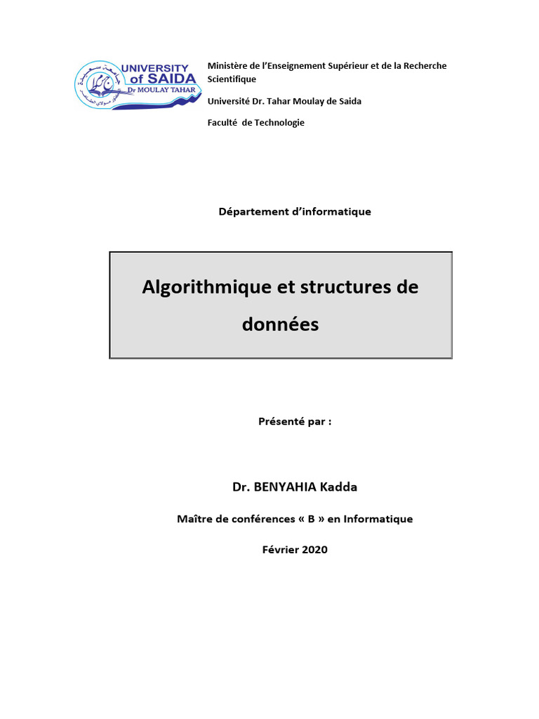 Algorithmique Et Structures de Données: Département D'informatique | PDF