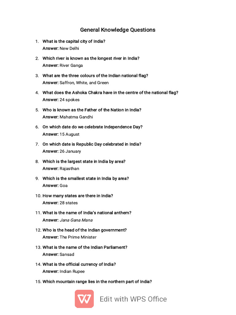General Knowledge Questions | PDF | Government Of India