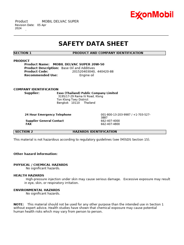 Mobil Delvac Super 20w-50 (Eng) Msds | PDF | Personal Protective ...