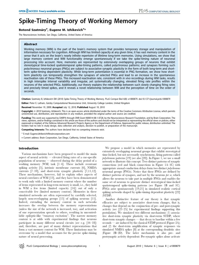 Izhikevich (2010) - Spike-Timing Theory of Working Memory | PDF ...