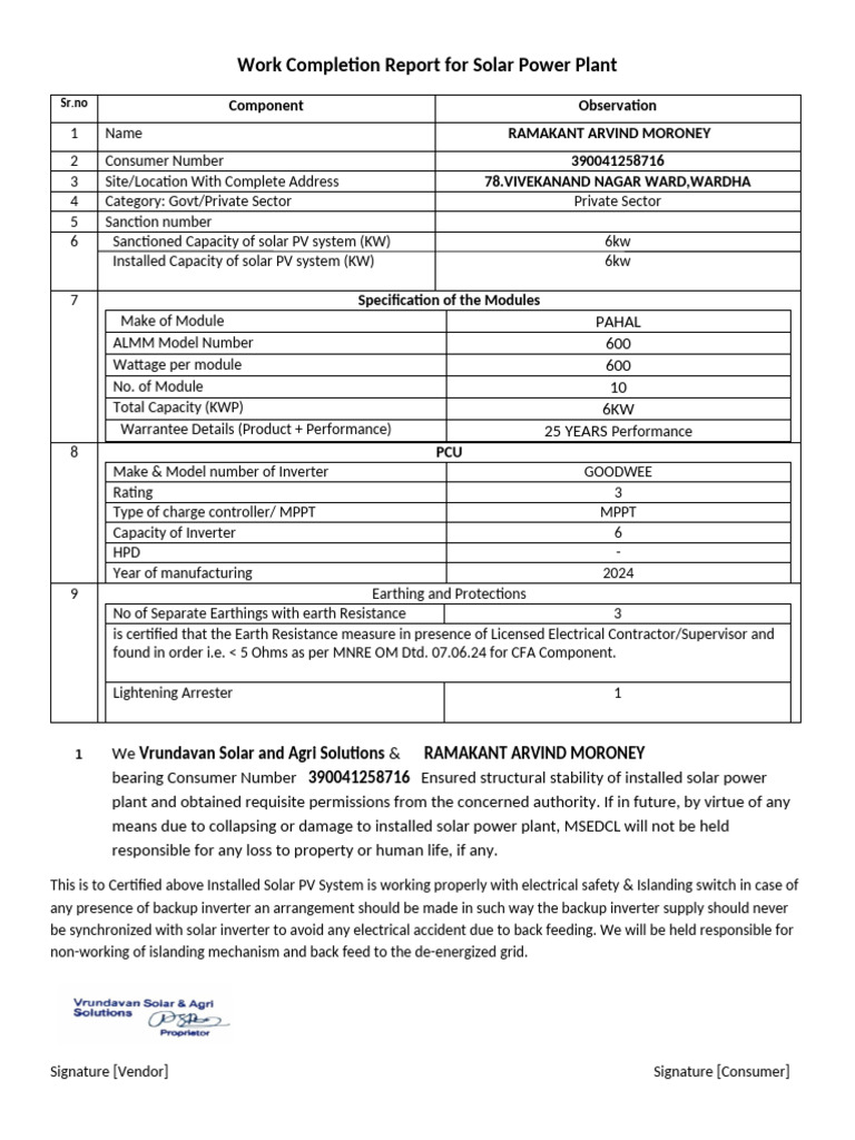 Work Completion Report for Solar Power Plant | PDF | Photovoltaic ...