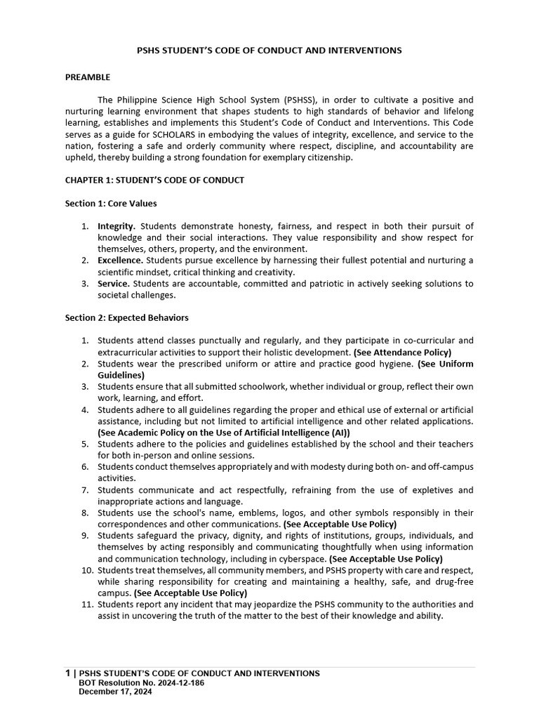 PSHS System Student Code of Conduct | PDF | Appeal | Integrity