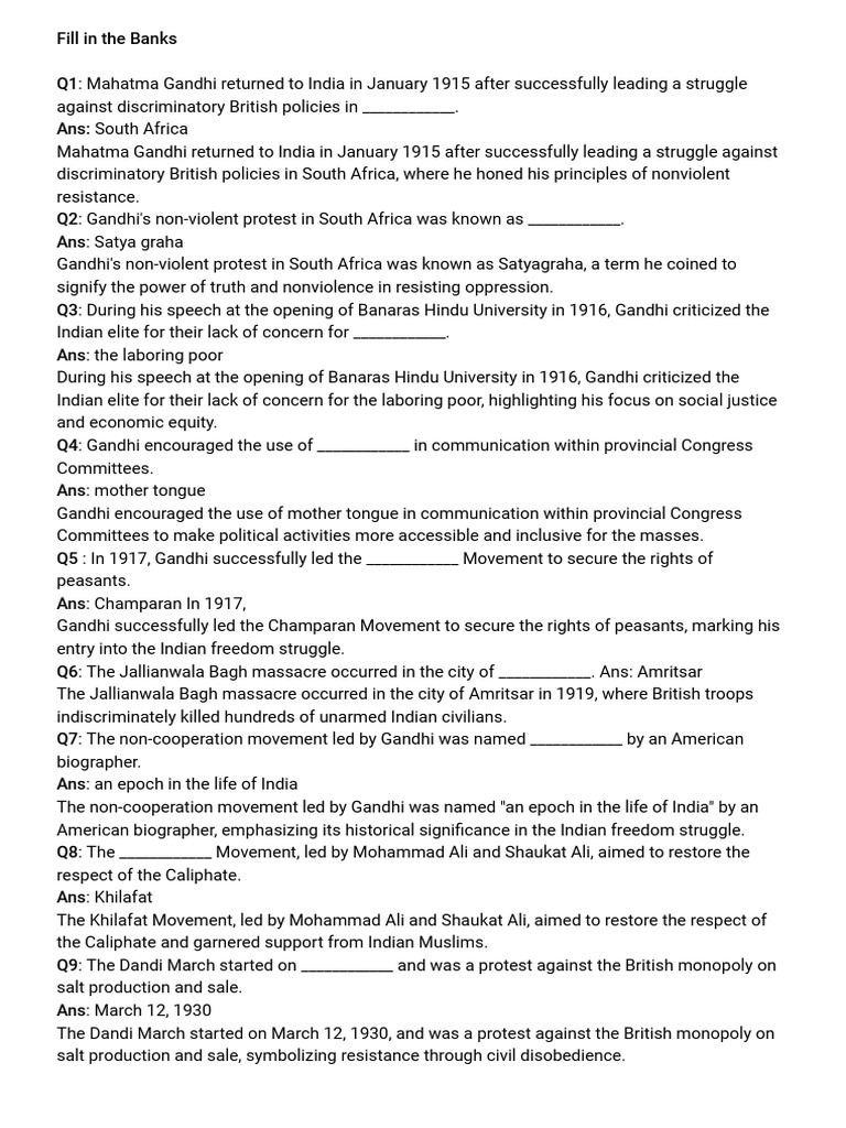 Worksheet solutions Ch-11 HISTORY | PDF | Mahatma Gandhi | Indian ...