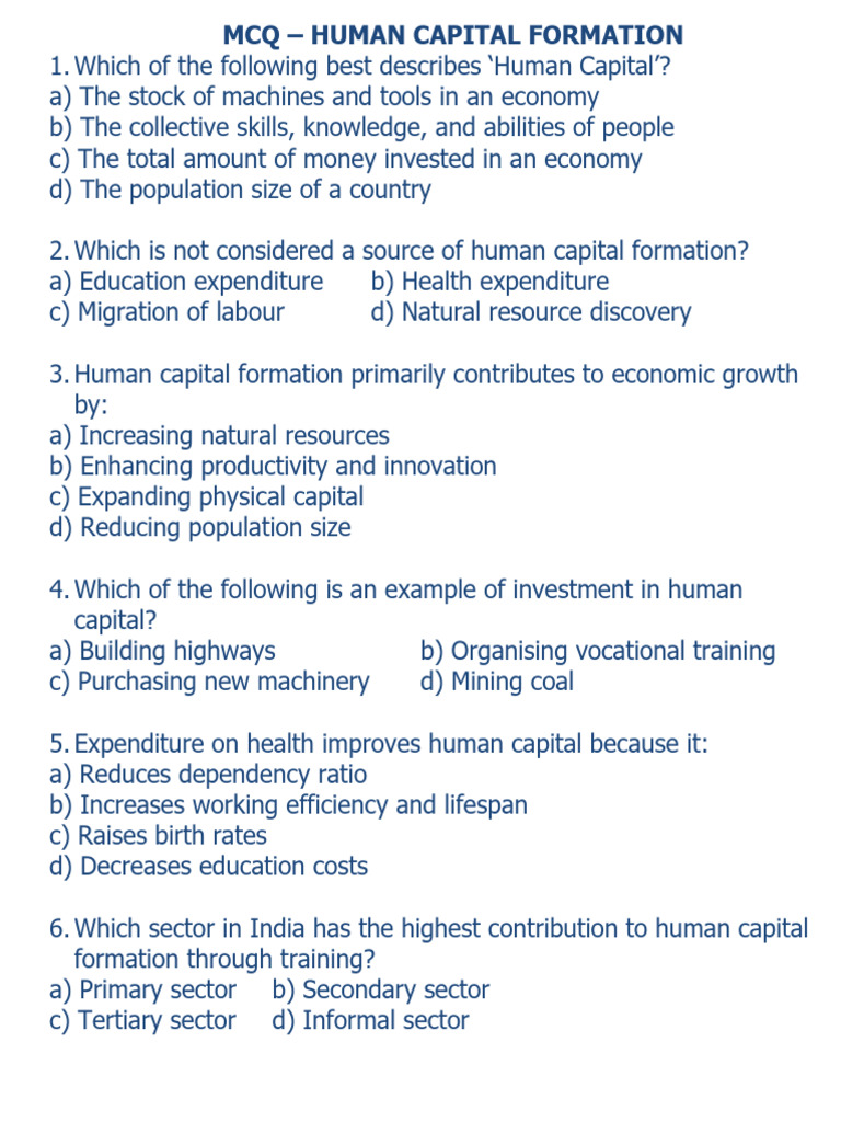 MCQ Human Capital Formation | PDF | Human Capital | Human Migration