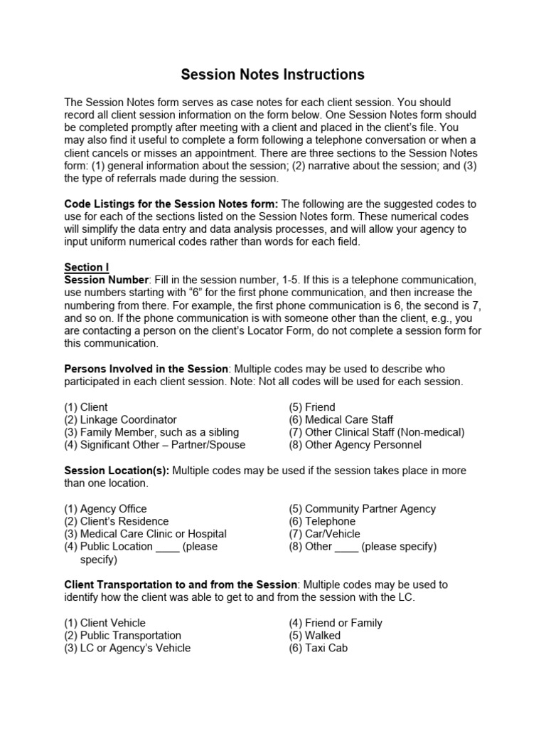 Session Notes Form and Instructions | PDF