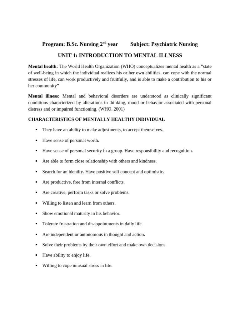 Unit 1 Introduction to Mental Illness | PDF