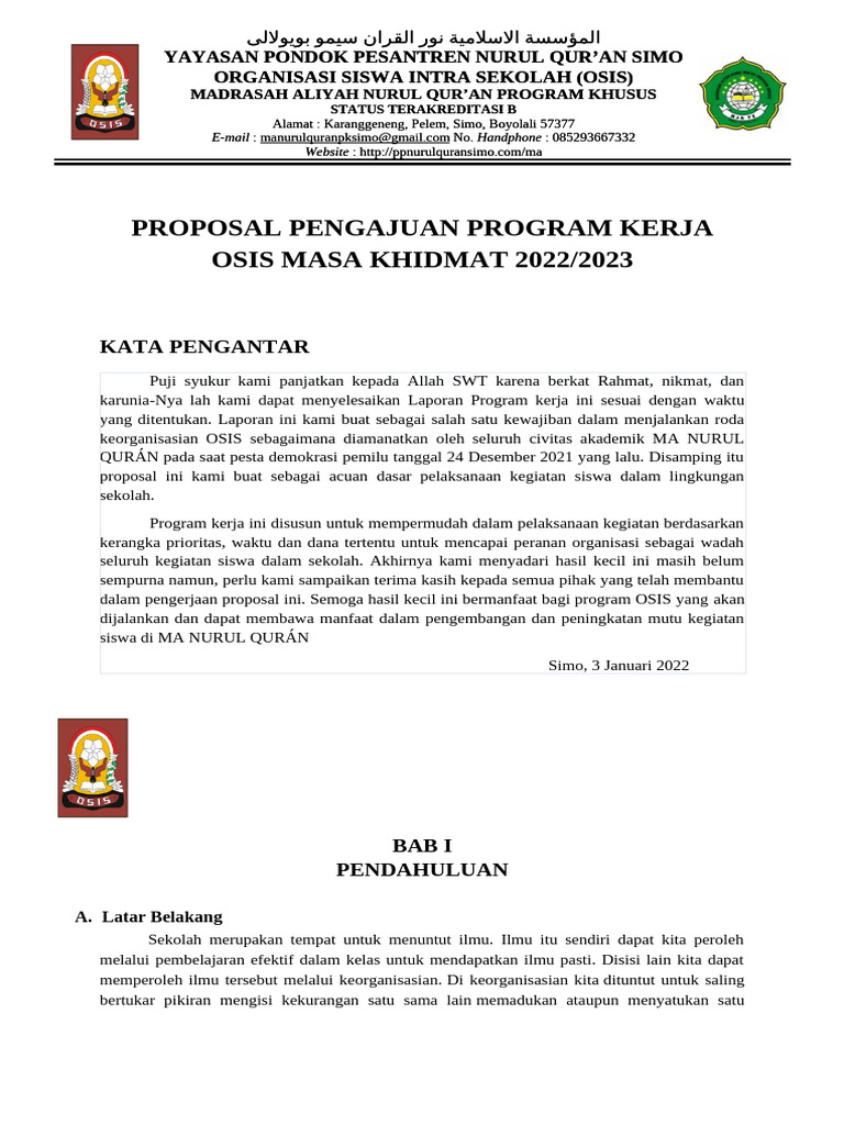 PROGRAM KERJA OSIS MA NURUL QUR'AN PROGRAM KHUSUS 2022/ 2023 | PDF