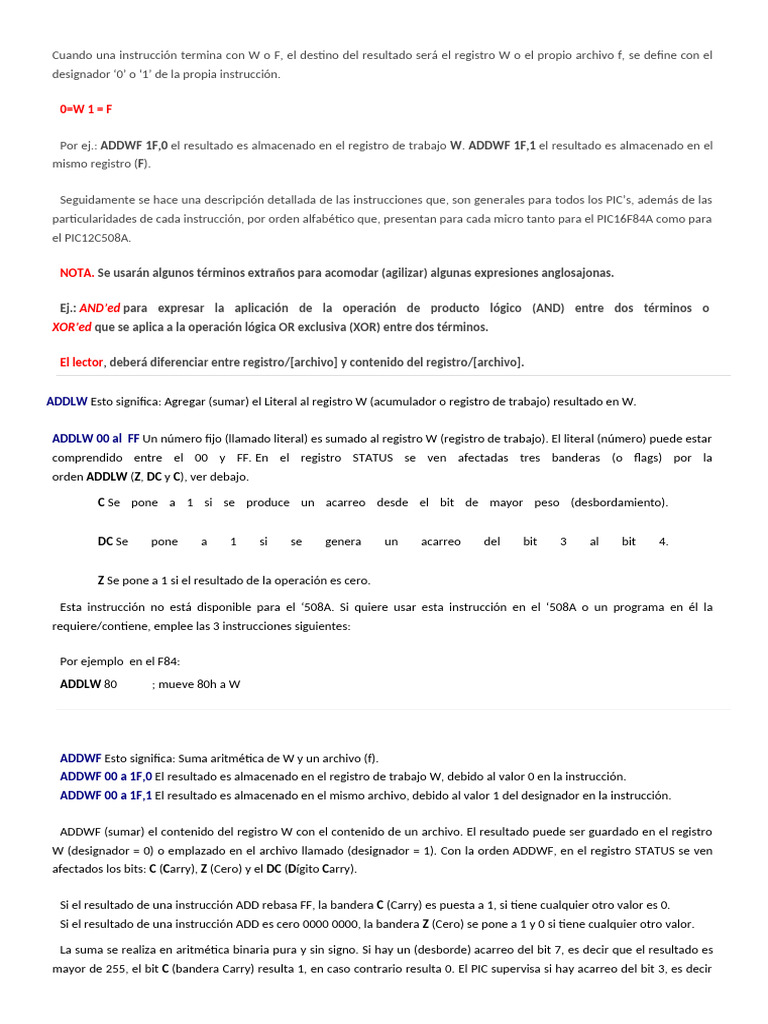 Instrucciones PIC assembler | PDF | Poco | Datos de computadora