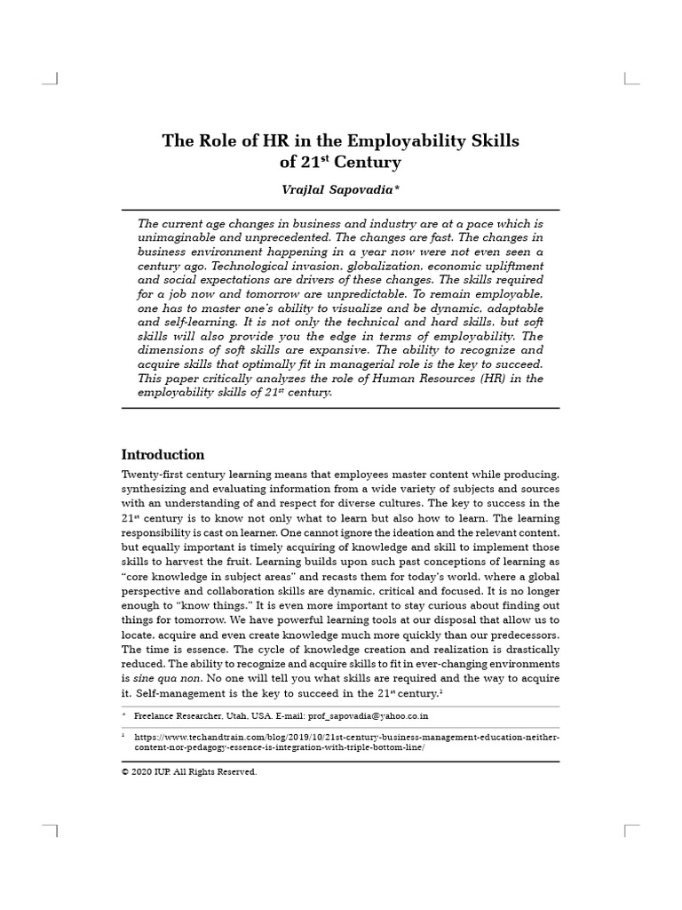 The Role of HR in the Employability Skills of 21st Century | PDF ...