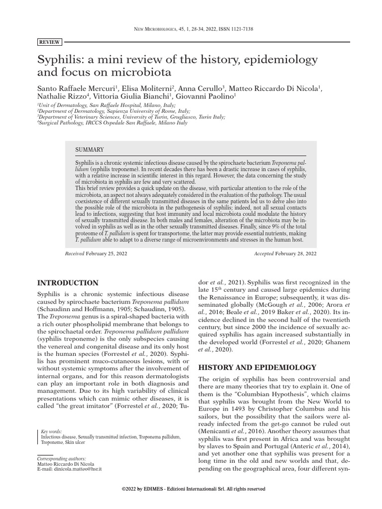 Syphilis - A Mini Review of The History, Epidemiology and Focus On ...