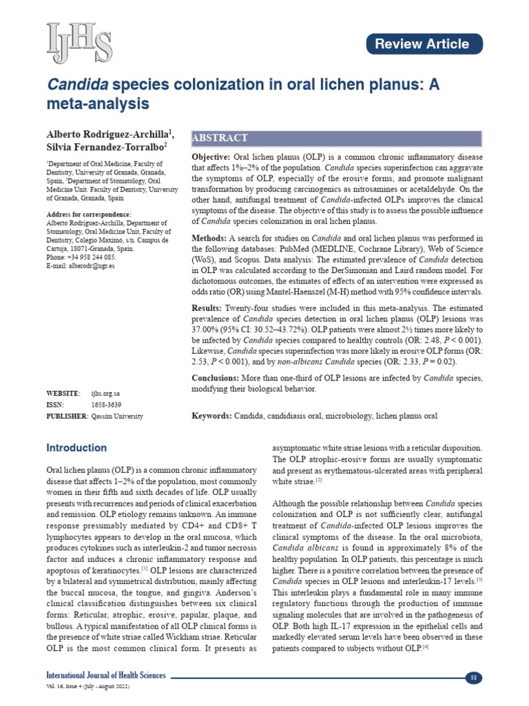 Candida species colonization in oral lichen planus- A meta-analysis. | PDF