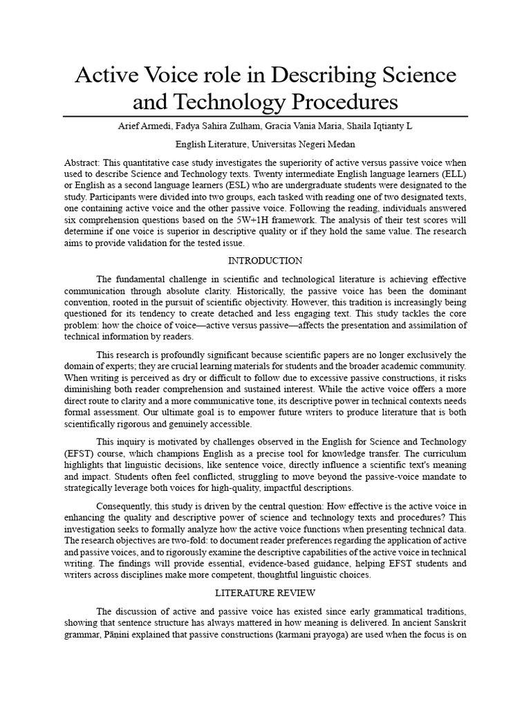 Active Voice role in Describing Science and Technology Procedures (2025 ...