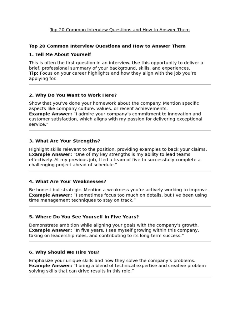 Top 20 Common Interview Questions and How to Answer Them | PDF ...