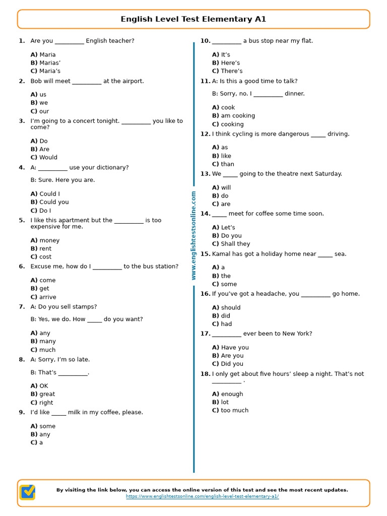543 English Level Test Elementary a1 Englishtestsonline.com | PDF ...