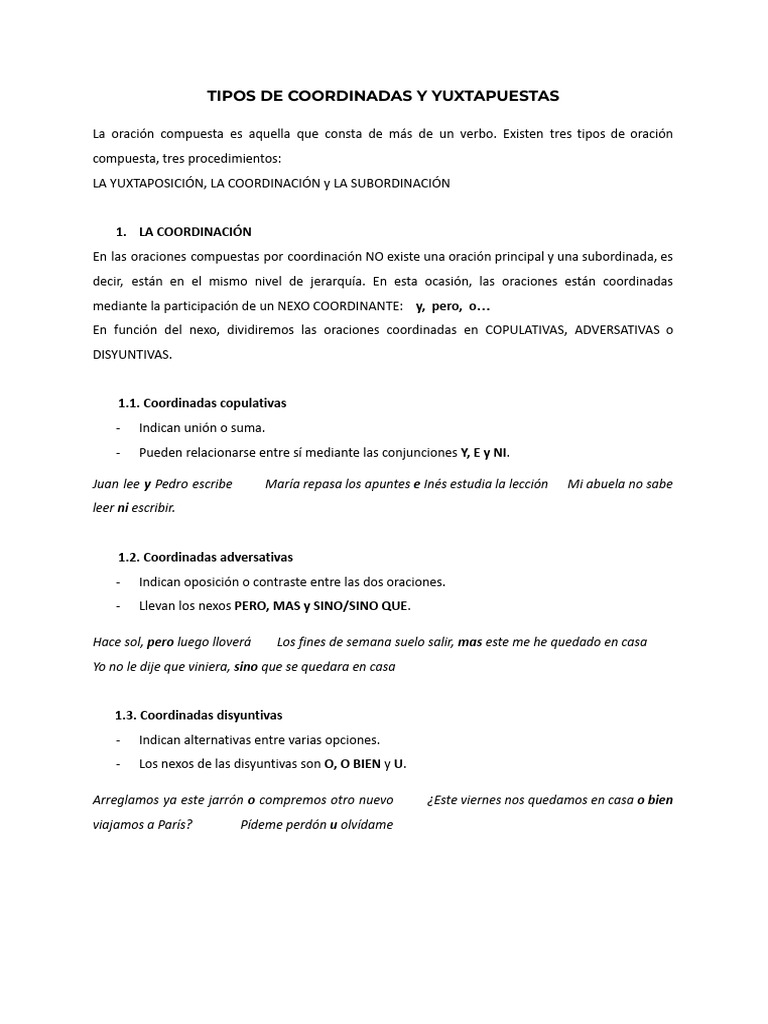 Tipos de Coordinadas y Yuxtapuestas | PDF | Oración (Lingüística ...