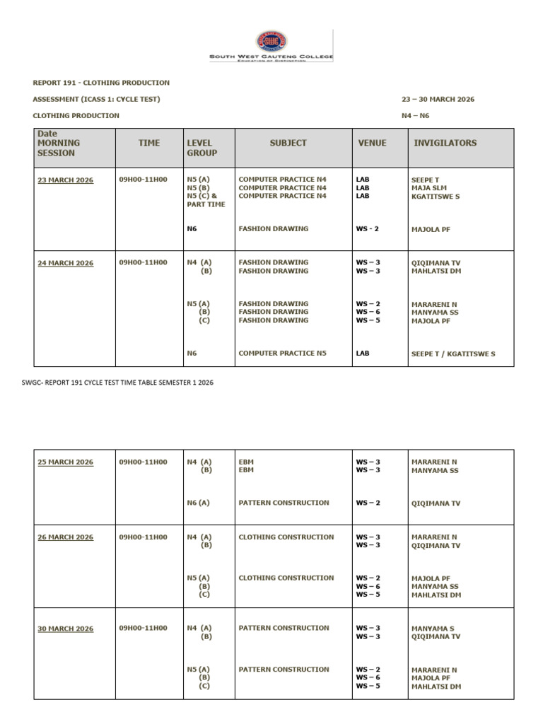 2026 Semester 1 Cycle Test Time Table | PDF