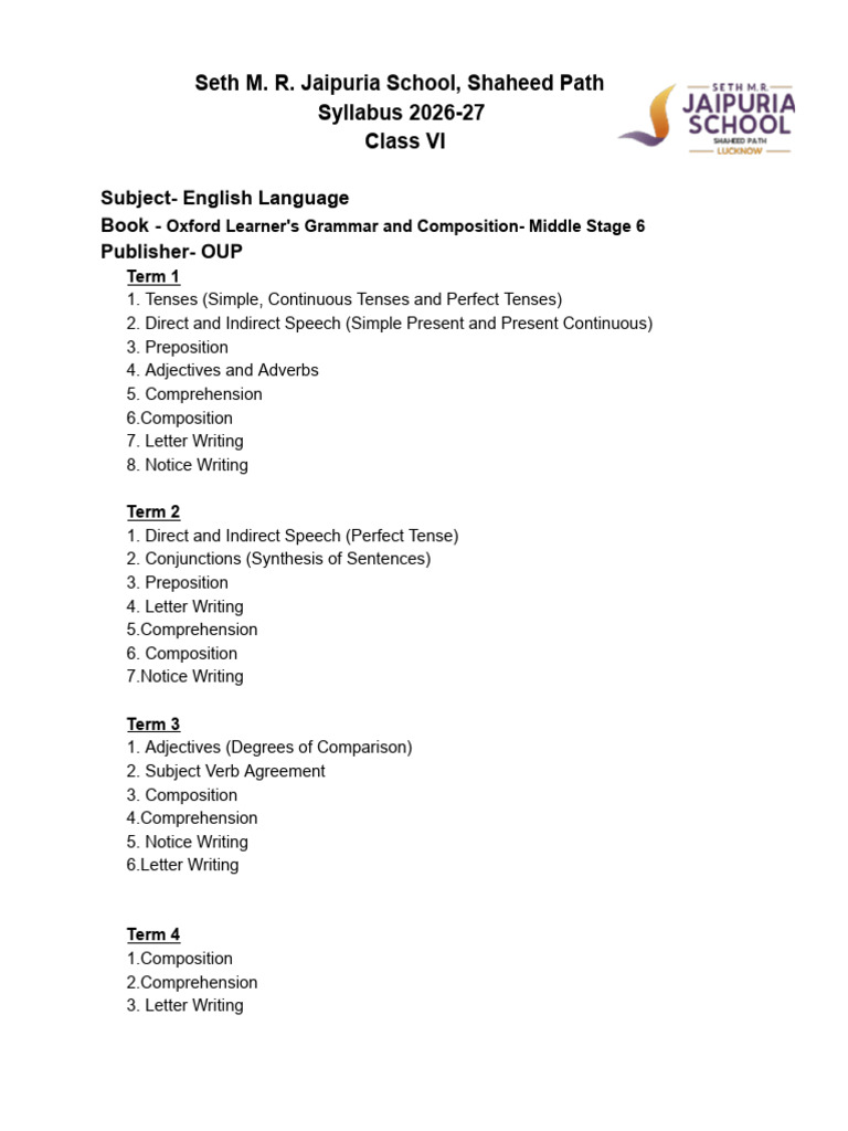 SMRJS Shaheed Path- Syllabus 2025-26- Class VI (1) | PDF