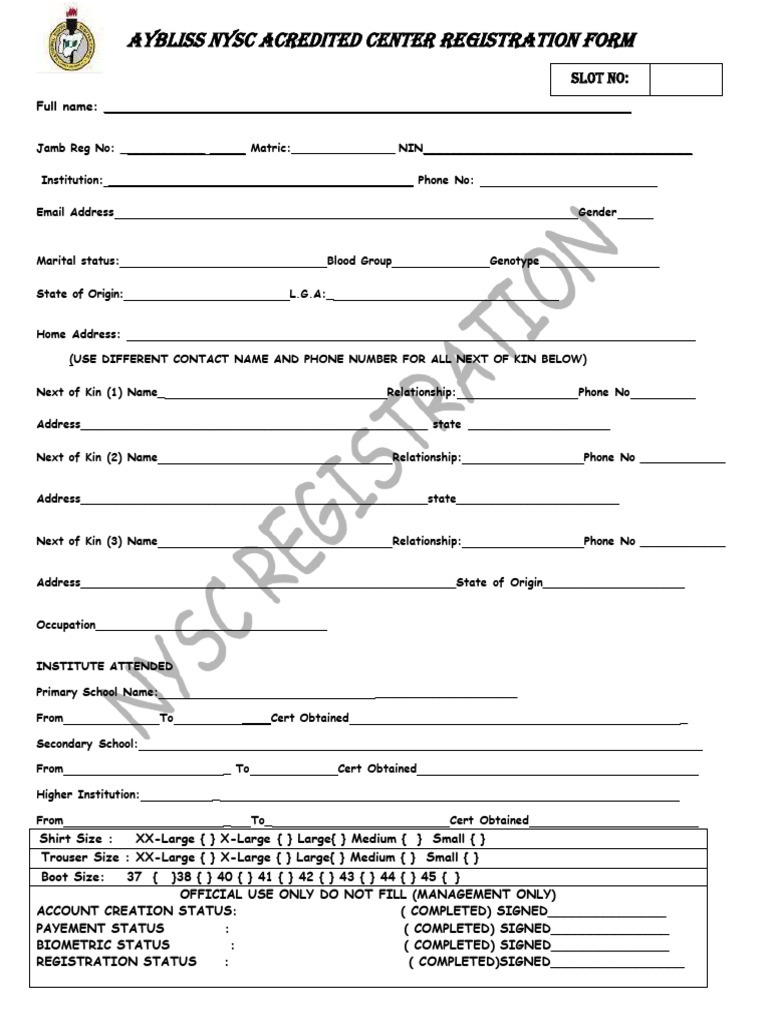 Nysc Registration Form to Be Printed | PDF