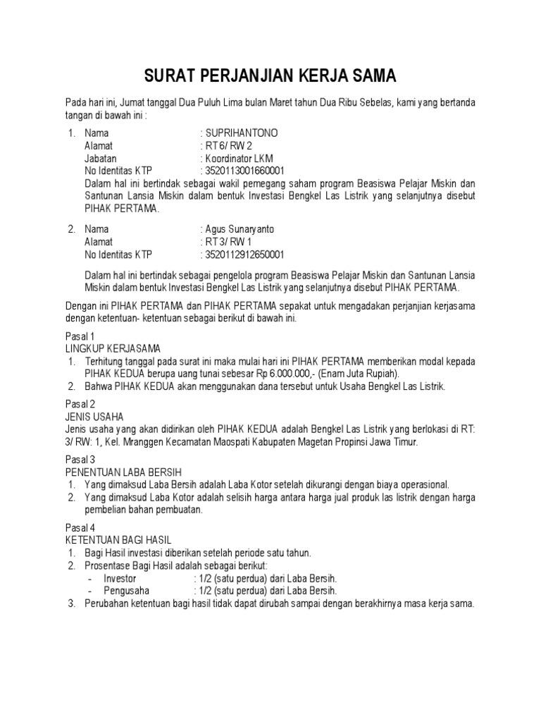 Contoh Surat Perjanjian Kerjasama Investasi Mobil