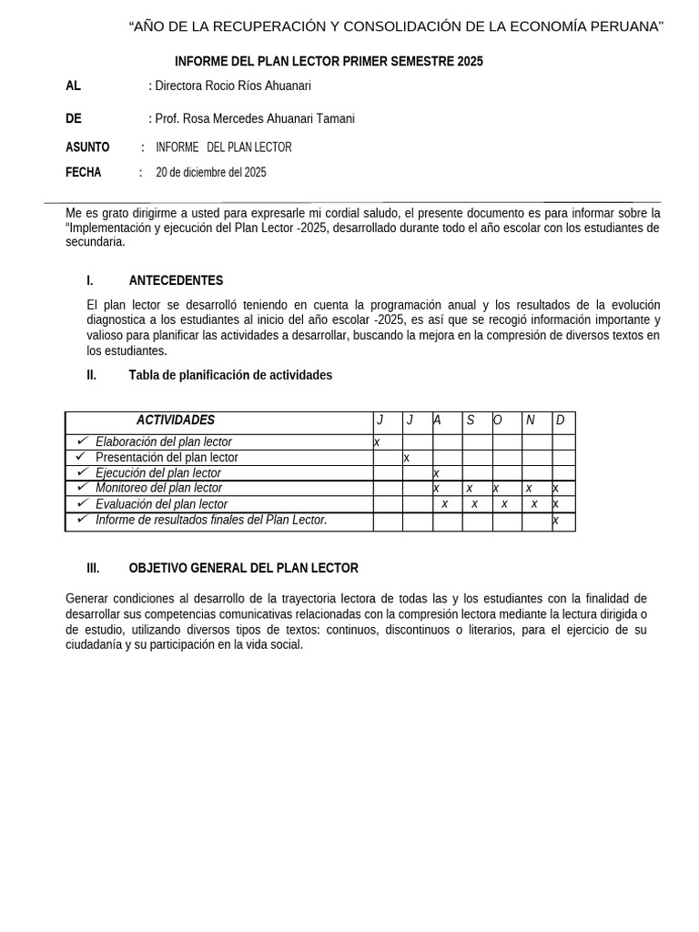 Informe Plan Lector Secundaria 2025 | PDF | Cognición | Modificación de ...