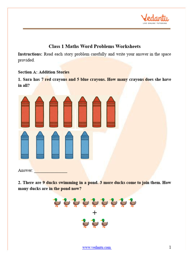 Class 1 Maths Word Problems Worksheet With Answers PDF | PDF | Balloon ...