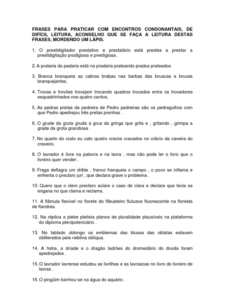 Frases para Praticar Com Encontros Consonantais | PDF | Natureza