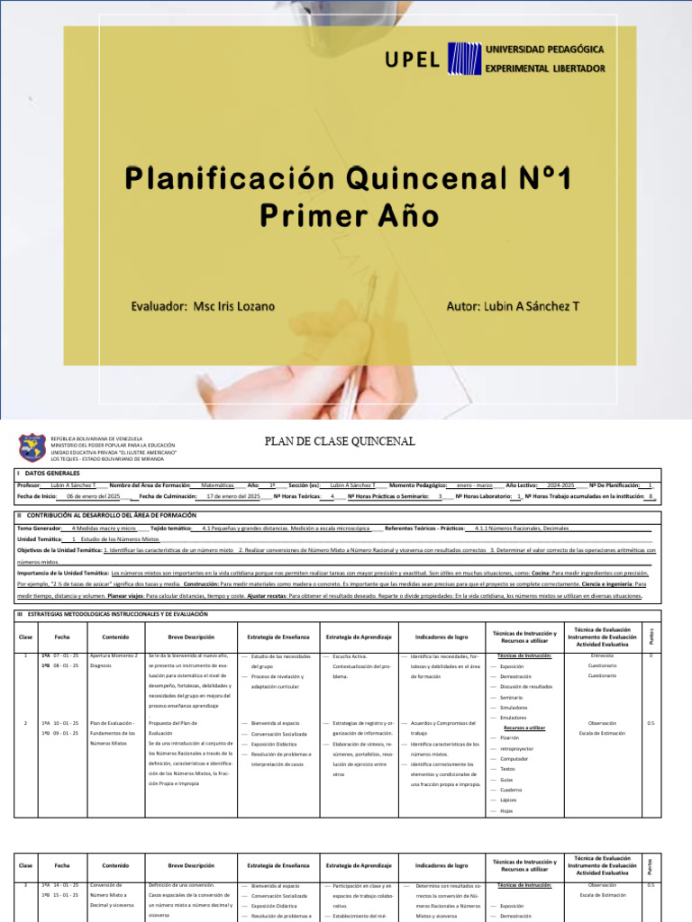 1 Planificación 1 Quincenal Matemática Primer Año a - b Momento 2 Año ...