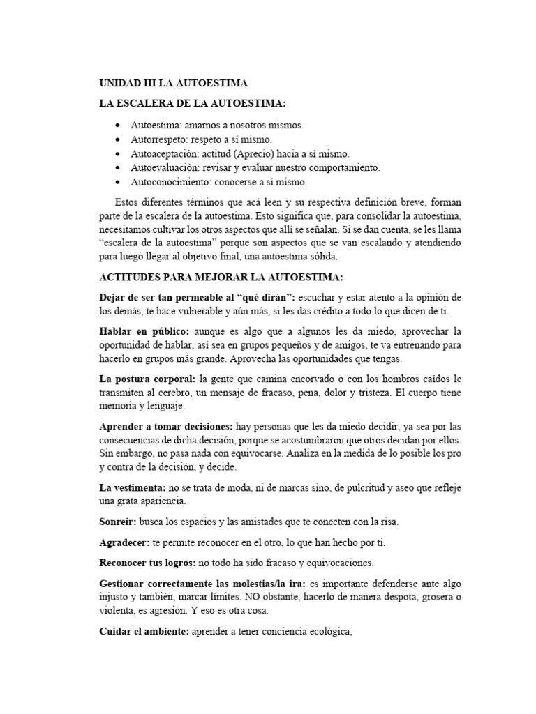 Unidad III La Autoestima | PDF | Autoestima | Conceptos psicologicos