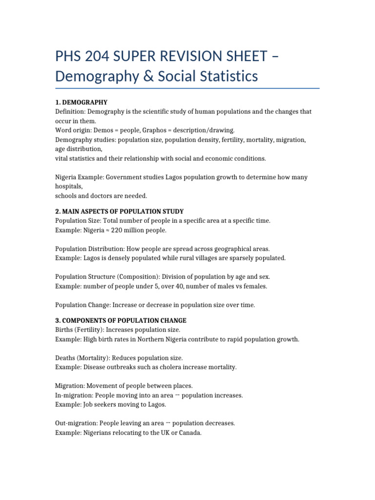 PHS204 Super Revision Sheet | PDF | Demography | Census