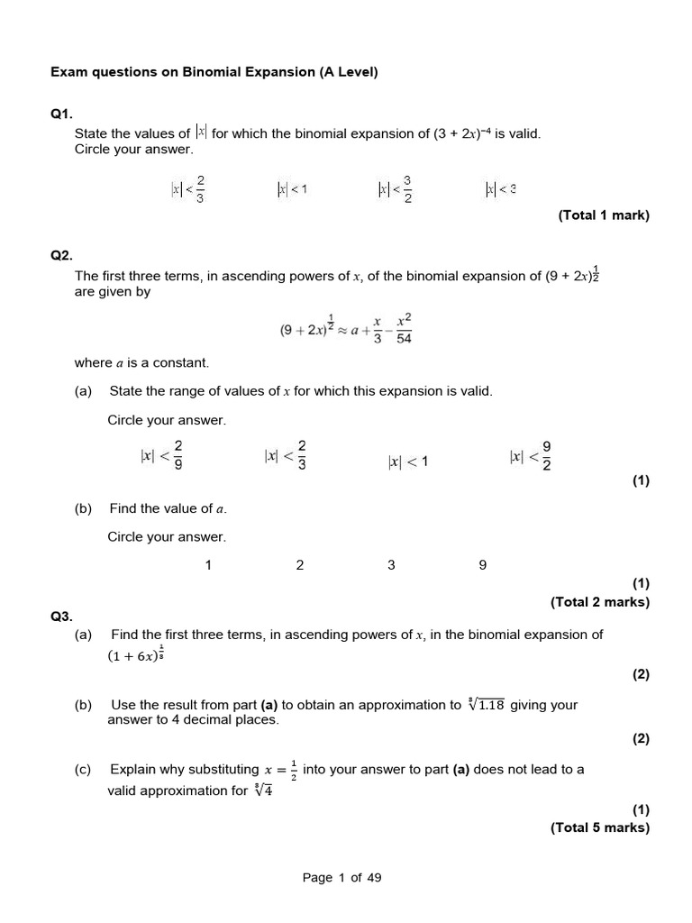 Exam Questions on Binomial Expansion (a Level) | PDF | Decimal | Numbers