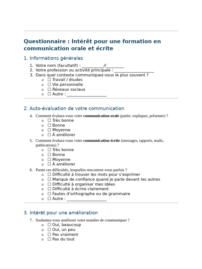 Questionnaire Améliorer Sa Communication | PDF