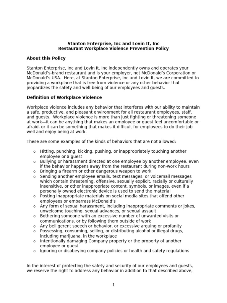 Workplace Violence Prevention Policy Updated 1 | PDF | Violence ...