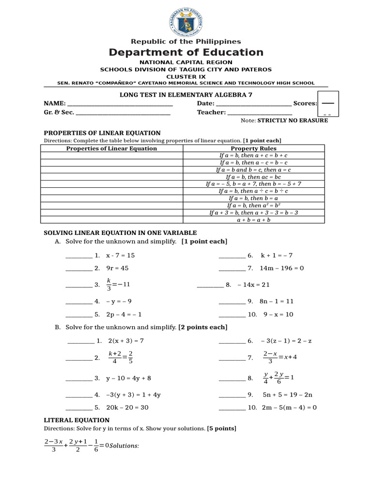 Elementary Algebra Q4 Long Test | PDF | Equations | Variable (Mathematics)