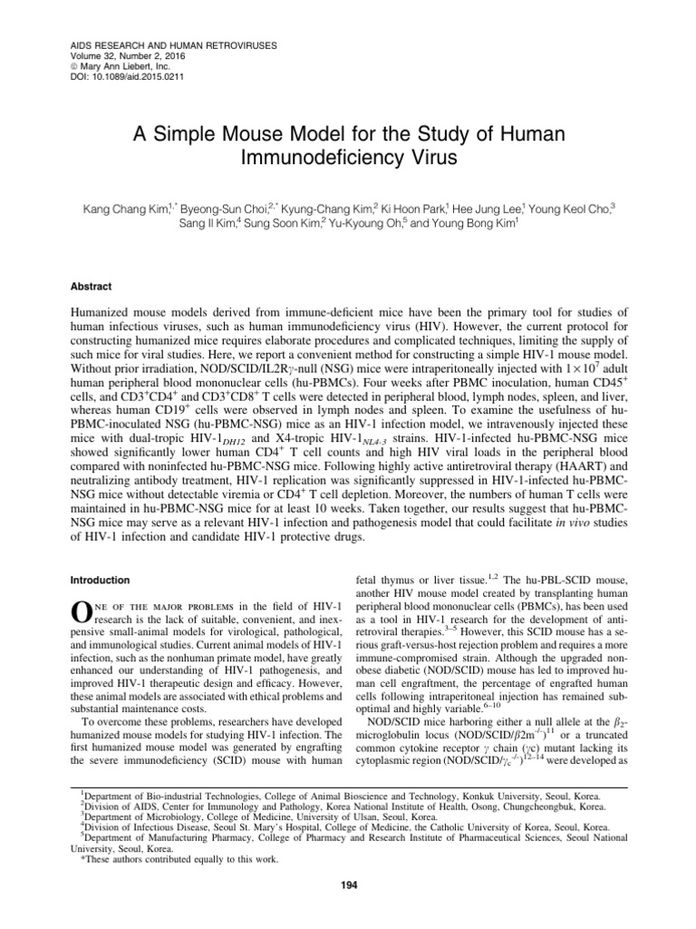 A Simple Mouse Model for the Study of Human Immunodeficiency Virus ...