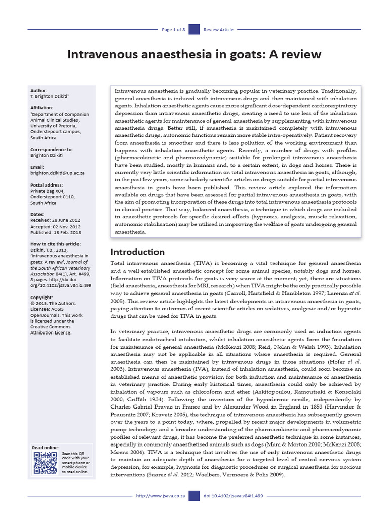 Intravenous Anaesthesia in Goats a Review | PDF