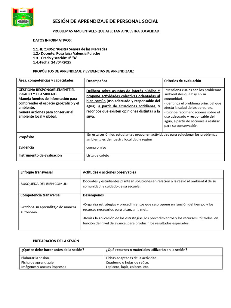 Sesión de Aprendizaje de Personal Social | PDF | Aprendizaje | Evaluación