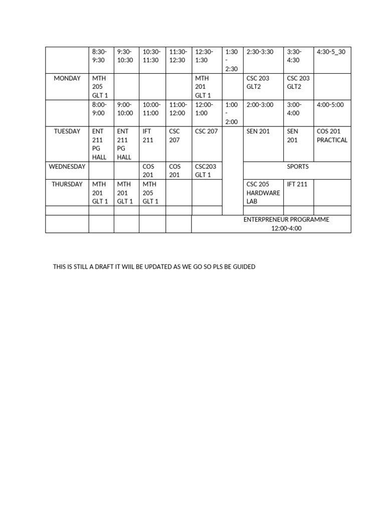 2026 Computer Science First Semester Timetable Draft | PDF