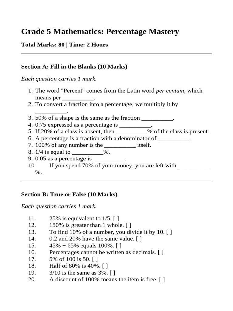 Grade 5 Mathematics percentage | PDF