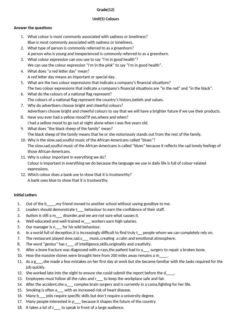 Grade12 Unit 5 Worksheets | PDF | Traffic Light