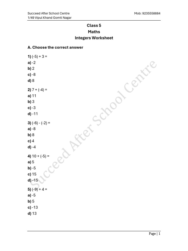 Class 5 Integers Worksheet | PDF